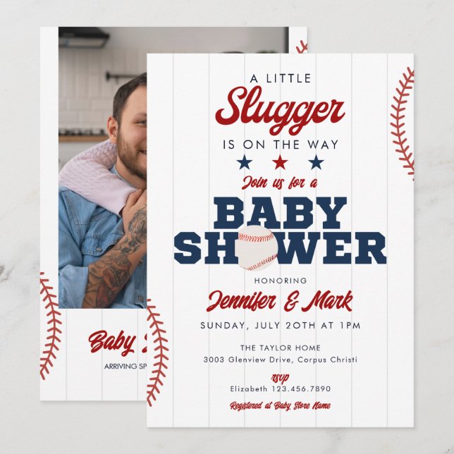 Little Slugger Baseball Photo Baby Shower Invitation (Front/Back)