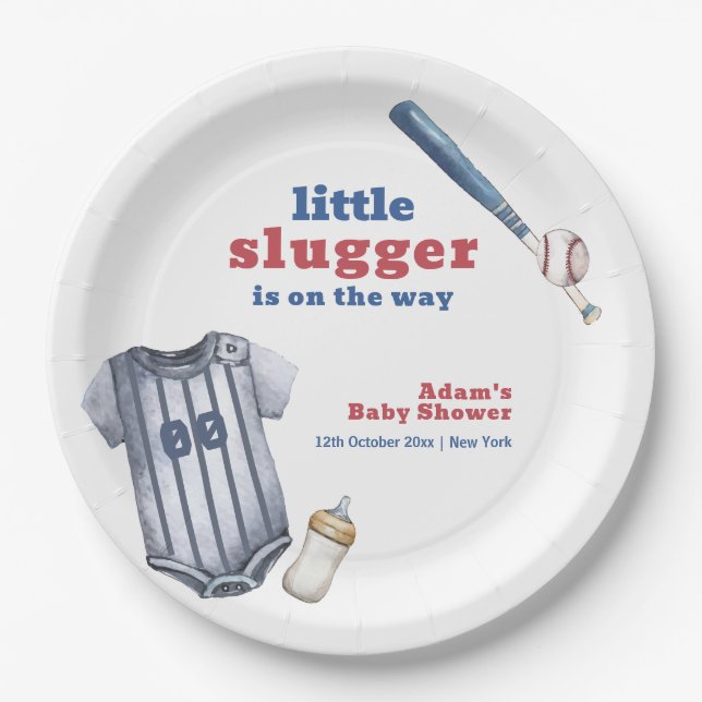 Little Slugger Baseball Shirt Bottle Baby Shower  Paper Plates (Front)