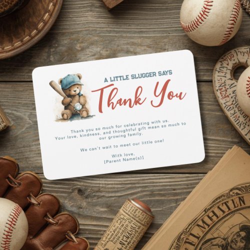 Little Slugger Teddy Bear Baseball Boy Baby Shower Thank You Card