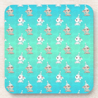 Little Snow Bunnies in Hats and Scarves Pattern Beverage Coaster