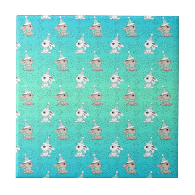 Little Snow Bunnies in Hats and Scarves Pattern Ceramic Tile (Front)