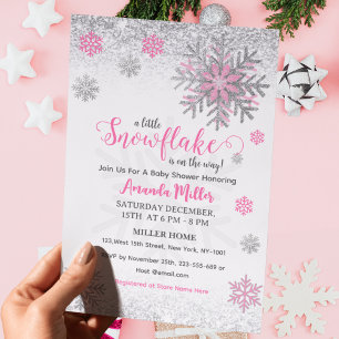 Little Snow Flake Pink Silver Glittery Baby Shower Invitation