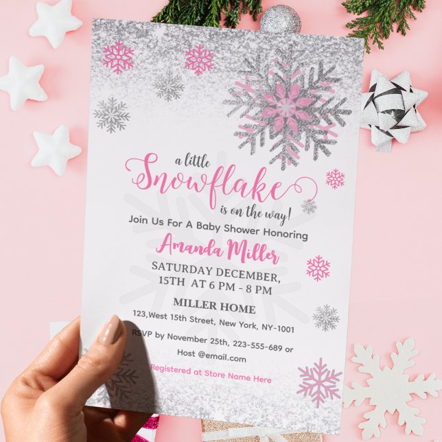 Little Snow Flake Pink Silver Glittery Baby Shower Invitation (Creator Uploaded)