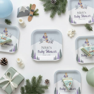 Little Snowboarder Mountain Baby Shower Paper Plates