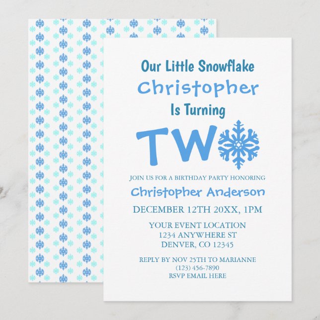 Little Snowflake 2nd Birthday Invitation (Front/Back)