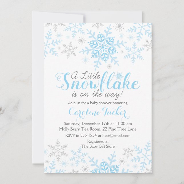 Little Snowflake Baby Boy Shower Blue Silver Invitation (Front)