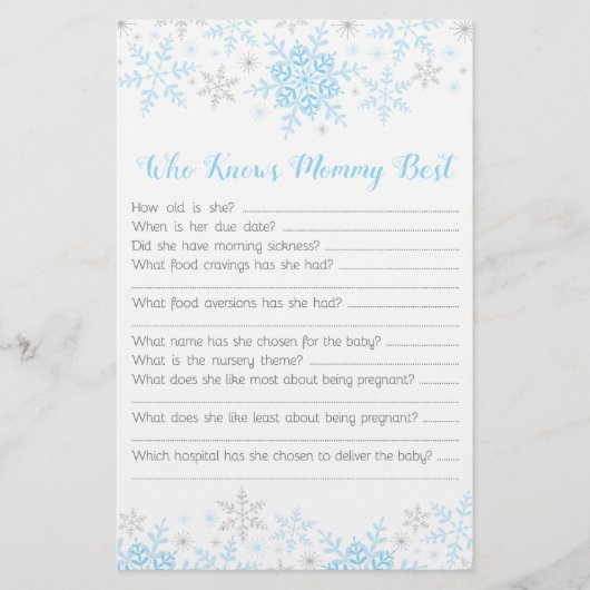 Little Snowflake Baby Boy Shower Mommy Quiz Blue (Front)