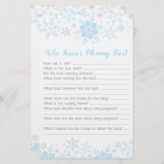 Little Snowflake Baby Boy Shower Mommy Quiz Blue (Front/Back)