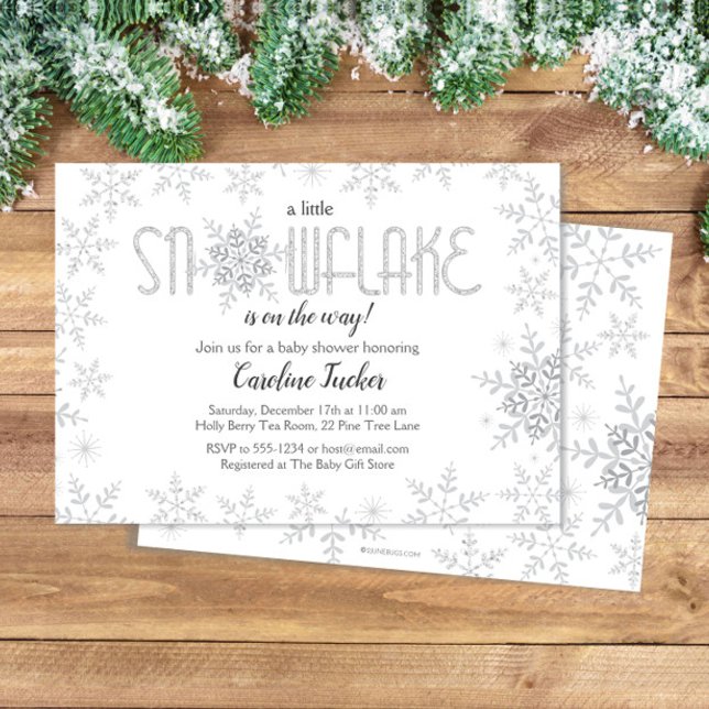 Little Snowflake Baby Shower Gray & Silver Glitter Invitation (Creator Uploaded)