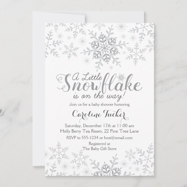 Little Snowflake Baby Shower Silver Gray Invitation (Front)