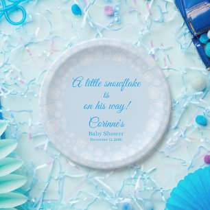 Little snowflake blue baby boy shower paper plates