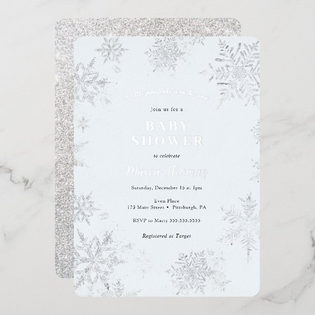 Little Snowflake Blue Baby Shower Foil Invitation (Front/Back)