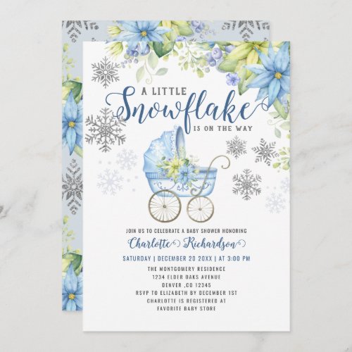 Little Snowflake Blue Floral Winter Baby Shower Invitation