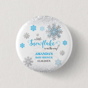 Little Snowflake Blue Silver Glittery Baby Shower Button