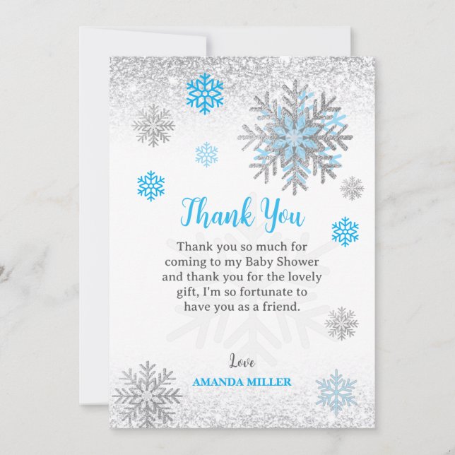 Little Snowflake Blue Silver Glittery Baby Shower  Thank You Card (Front)