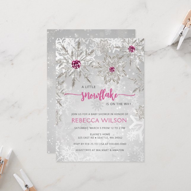 Little Snowflake is On the Way Girl Baby Shower Invitation (Front/Back In Situ)