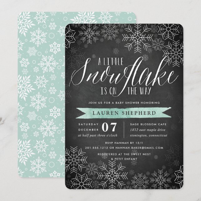 Little Snowflake Mint Chalkboard Baby Shower Invitation (Front/Back)