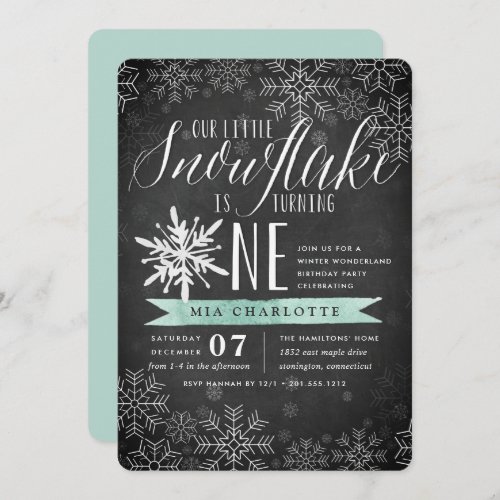 Little Snowflake Mint Chalkboard First Birthday Invitation