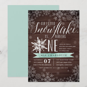 Little Snowflake Mint Rustic Wood First Birthday Invitation