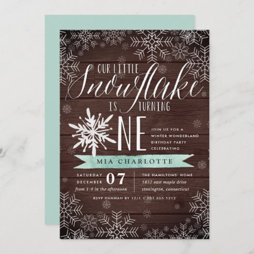 Little Snowflake Mint Rustic Wood First Birthday Invitation