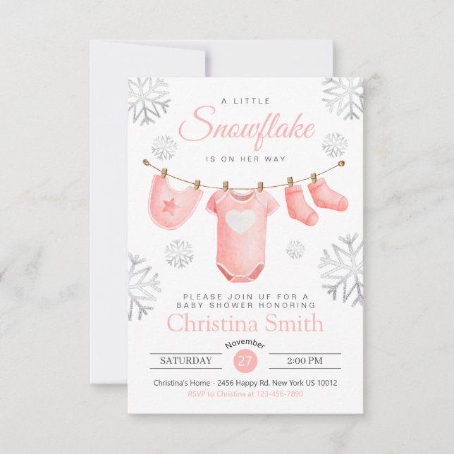 Little Snowflake On The Way Pink Baby Girl Shower Invitation (Front)