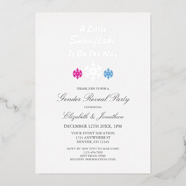 Little Snowflake On The Way Winter Gender Reveal Foil Invitation (Front)