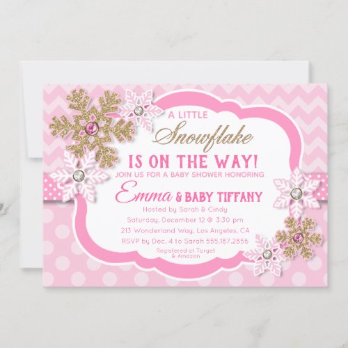 Little Snowflake Pink and Gold Glitter Baby Shower Invitation