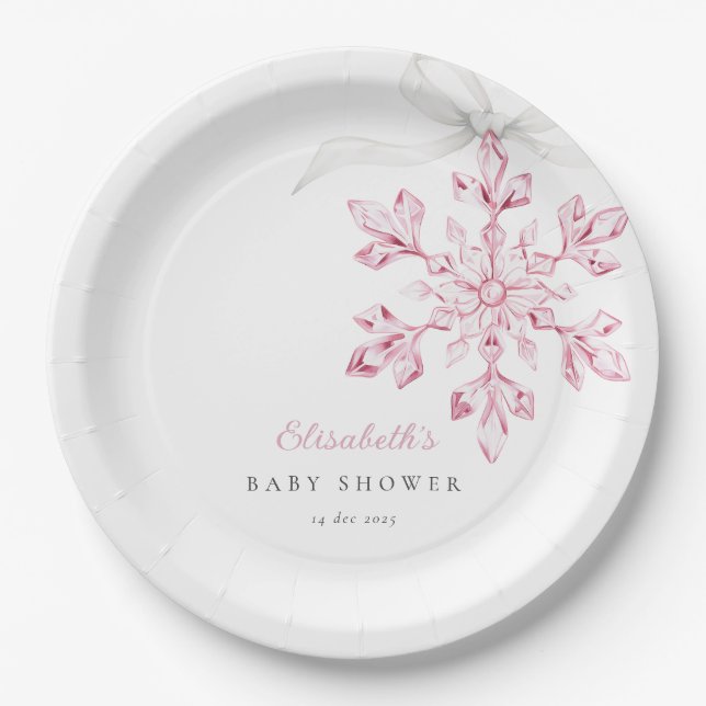 Little Snowflake Pink Baby Shower Paper Plates (Front)