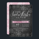 Little Snowflake Pink Chalkboard Baby Shower Invitation<br><div class="desc">Brrr! Frosty chic invitations for winter baby showers feature a white snowflake border on a rustic chalkboard background with baby pink watercolor accents. "A little snowflake is on the way" appears at the top in chic white calligraphy script lettering. Personalize with your baby girl shower details beneath using the template...</div>