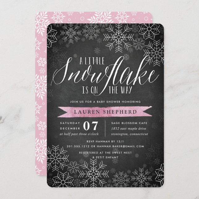 Little Snowflake Pink Chalkboard Baby Shower Invitation (Front/Back)