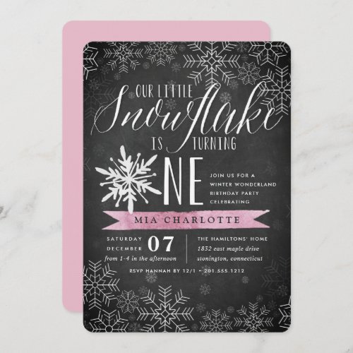 Little Snowflake Pink Chalkboard First Birthday Invitation