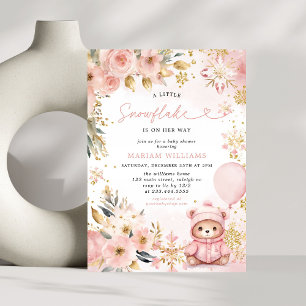 Little Snowflake Pink Floral Bear Baby Shower Invitation