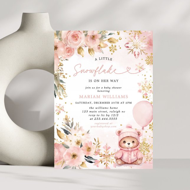 Little Snowflake Pink Floral Bear Baby Shower Invitation (Creator Uploaded)