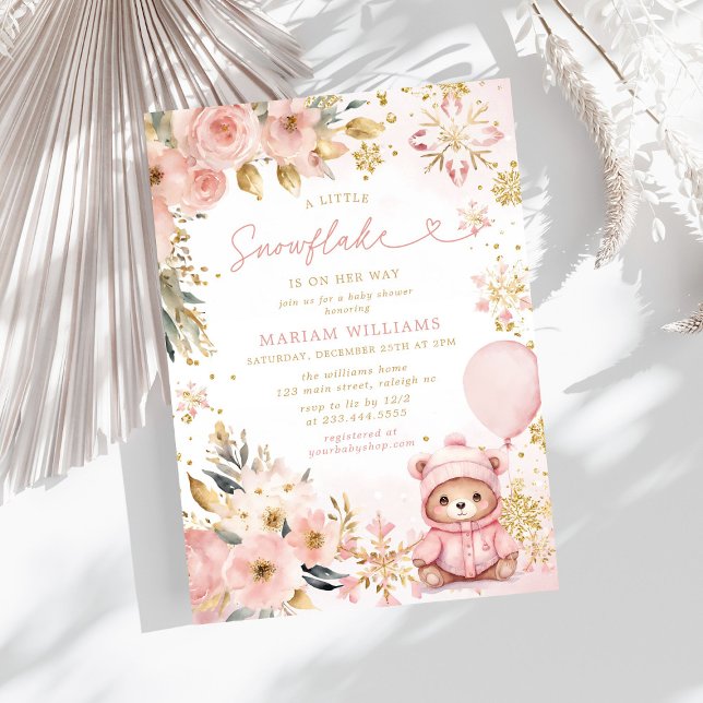 Little Snowflake Pink Floral Bear Baby Shower Invitation (Creator Uploaded)
