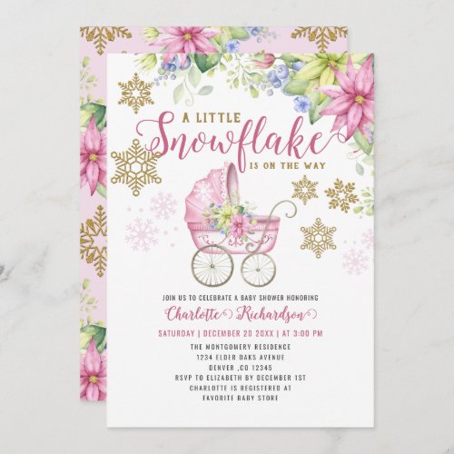 Little Snowflake Pink Floral Stroller Baby Shower Invitation