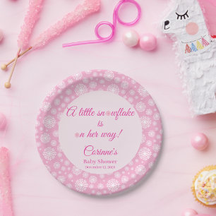 Little snowflake pink girl baby shower paper plates