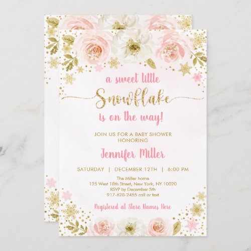 Little Snowflake Pink Gold Baby Shower Invitation