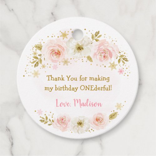 Little Snowflake Pink Gold Birthday Favor Tags