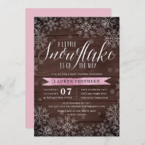 Little Snowflake Pink Rustic Wood Baby Shower Invitation