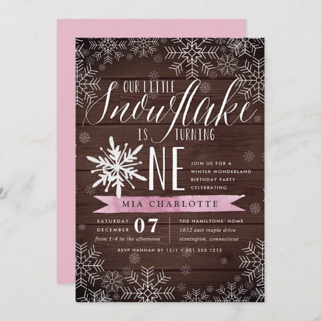 Little Snowflake Pink Rustic Wood First Birthday Invitation (Front/Back)