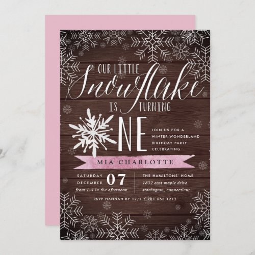 Little Snowflake Pink Rustic Wood First Birthday Invitation