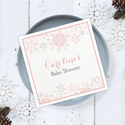 Little Snowflake Pink  Silver Girl Baby Shower Paper Napkins