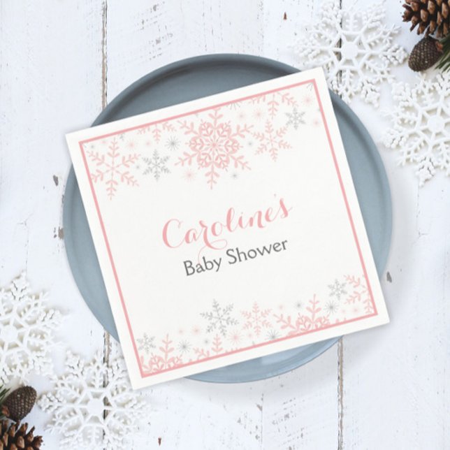 Little Snowflake Pink & Silver Girl Baby Shower Paper Napkins (Creator Uploaded)