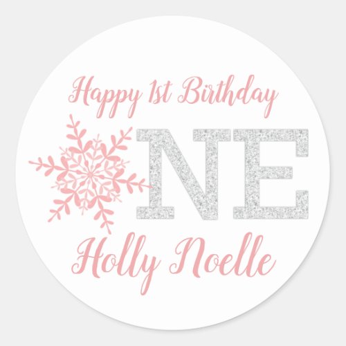 Little Snowflake Pink Silver Glitter 1st Birthday Classic Round Sticker