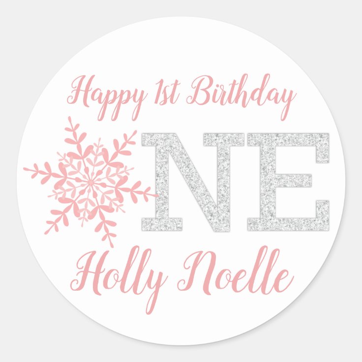 Little Snowflake Pink Silver Glitter 1st Birthday Classic Round Sticker