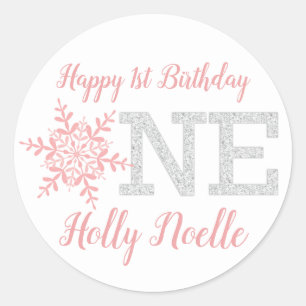 Little Snowflake Pink Silver Glitter 1st Birthday Classic Round Sticker