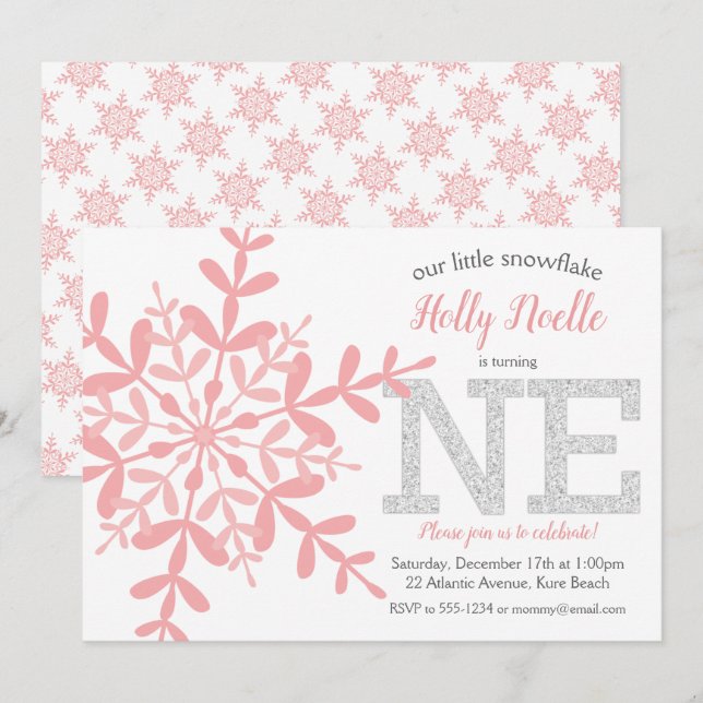 Little Snowflake Pink Silver Glitter 1st Birthday Invitation (Front/Back)