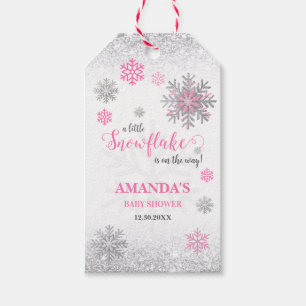 Little Snowflake Pink Silver Glittery Baby Shower Gift Tags