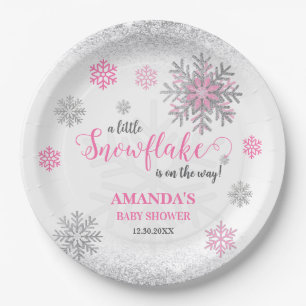 Little Snowflake Pink Silver Glittery Baby Shower Paper Plates