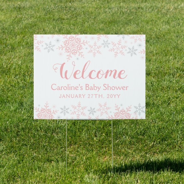 Little Snowflake Pink Silver Winter Baby Shower Sign (Insitu)